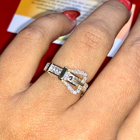 10k solid real gold luxury deisgner buckle ring, Swarovski Crystal real gold - Picture 6 of 9